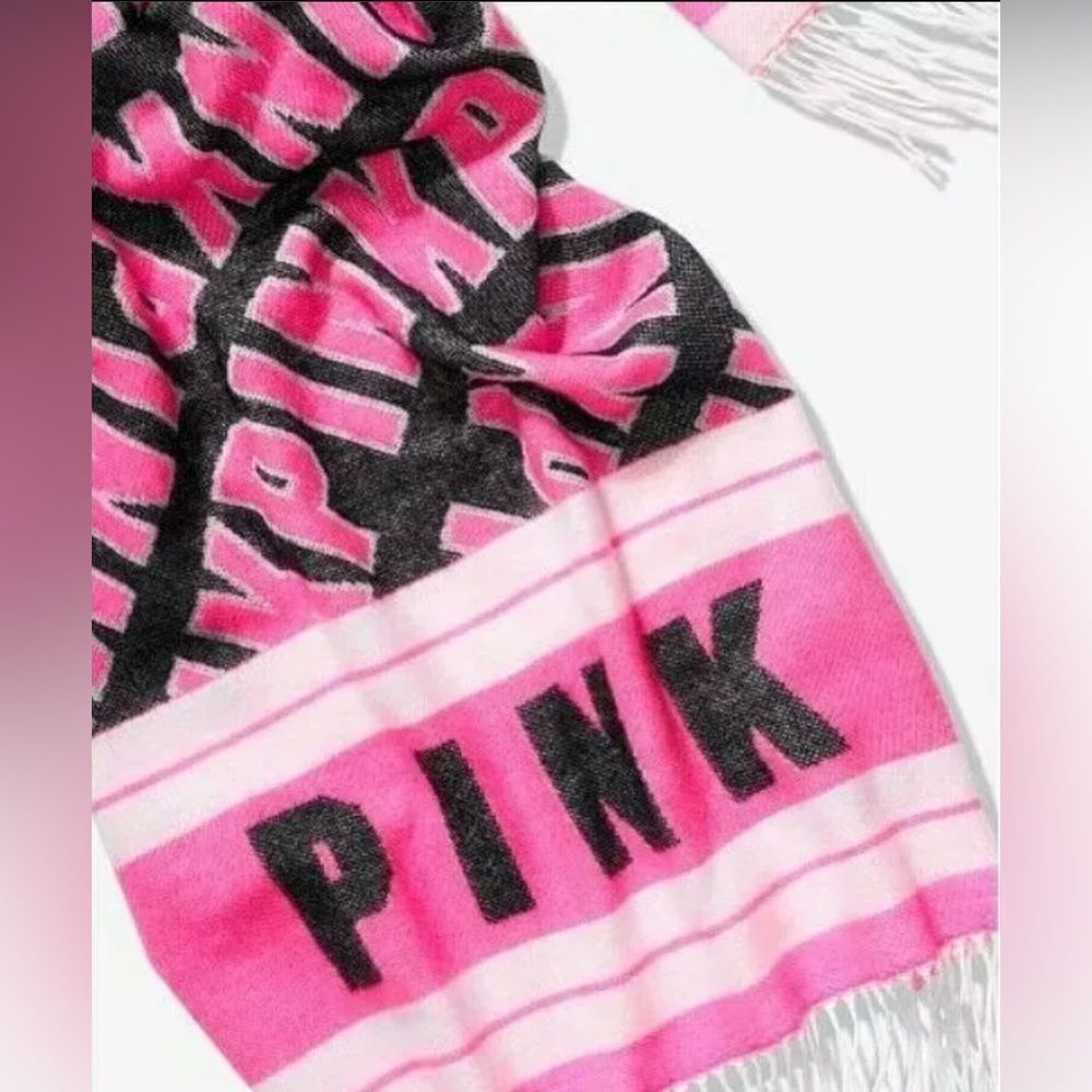 PINK by Victoria's Secret Hot Pink & Black Print 27"x88" Plush Fringe Scarf